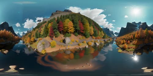 Masterpiece, Ultra HD, VR360 Norwegian mountain landscape. Lush greenery, river reflections, digital painting realism. Fine details, landscape art inspiration, unique perspective. Natural grandeur optimized for VR360 experience.