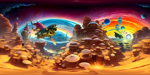 Cosmic wonder, VR360 interdimensional portal, swirling colors, psychedelic waves. Rick's spacecraft, floating debris, alien planetscape. Ultra high-res, bold contrasts, saturated hues. Rick and Morty's world, Pixar-style artistry, VR360 scene, meticulous detailing. Masterpiece, awe-inspiring.