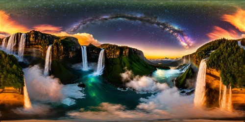 A breathtaking celestial realm of floating islands, shimmering waterfalls cascading down vibrant cliffs, iridescent vegetation, and gem-like minerals, under a golden sunset sky blending with mesmerizing auroras and sparkling stars in flawless ultra-high resolution.