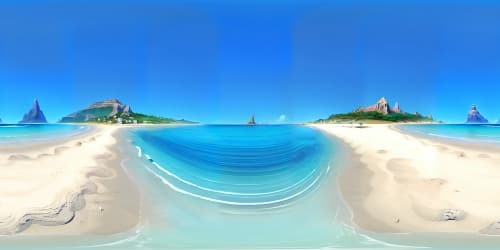 Masterpiece quality, VR360 view of tranquil beach, ultra high-res imagery. Sun-kissed sand, gently lapping azure waves, distant island silhouette. Minimalist Pixar-style, vibrant colors, distinct textures. Incorporation of beach-inspired elements for immersive VR360 environment.