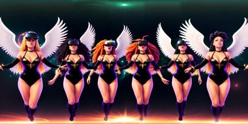 Ultra-high resolution masterpiece, five distinct, malicious angels in black leotards with red accents, golden wings shimmering in VR360 view. Gold halos, unique hair - including dreadlocks on one, diverse ethnicities - two African American, ethereal flight. One angel wielding green flame-infused hammer, viewed in VR360 magnificence.