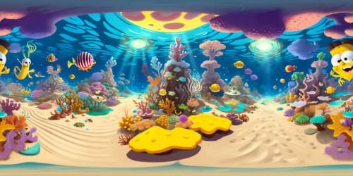 High-resolution VR360 spectacle, cartoon-style Spongebob-inspired seascape, burger-like coral formations, vibrant underwater flora. Ultra-detailed, surreal colors, Pixar-style rendering, engaging, visually immersive.