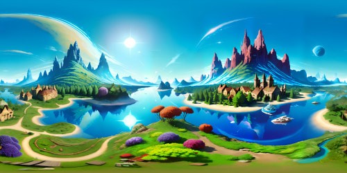 VR360: crystal-clear water body, darting fishes beneath surface, grazing deers on verdant grass banks. Distant, cosmic universe backdrop, galaxies smeared across twilight sky. Scattered, age-old toys amidst magical aura. Style: ultra-high res, masterfully crafted Pixar-style visuals.