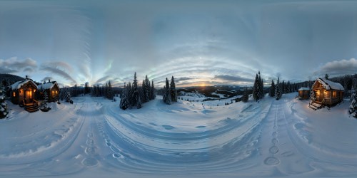 VR360 masterpiece ultra high-res, ultrarealistic forest valley panorama. Sparse, snow-dusted cabins, mountain overlook, starry sky with Aurora's dance.snow  Dusty dusk atmosphere, remote wilderness. VR360 soft light illumination, fine detailing