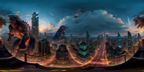 Majestic Godzilla, towering Kong, duel among skyscrapers, masterpiece quality. Ultra-high res VR360 scene, city backdrop, fiery horizon. Spectacular clash, monster silhouettes against dusk colours, VR360 immersion.