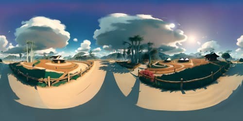 Ultra-high-res VR360 scene, magnificent wildlife masterpiece, panda-inspired features in surreal art, bamboo elements scattered subtly. VR360 oriental landscapes, rolling hills, stylized anime panda clouds.