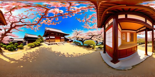 Envision a flawless Japanese shrine in ultra-high resolution, meticulously detailed cherry blossoms in full bloom, intricate wooden architecture under a clear azure sky, creating an unparalleled artistic masterpiece.