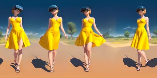 little girl. short hair. yellow shirts up. orange slip dress length to knees.