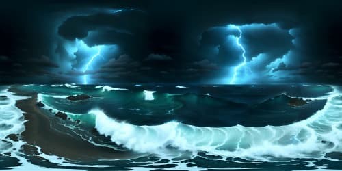 endless ocean at night with heavy rain, thunder and lightning storm and large crashing waves