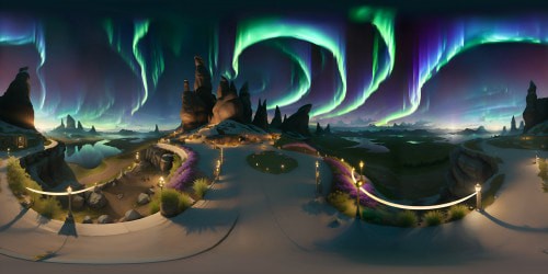 Top-notch quality, ultra-high resolution, flourishing northern lights across VR360 sky, lush green, purple, azure spectrum blur, shimmering celestial dance, VR360 panoramic arctic vista. Style: Photorealistic, intricate detailing, masterful rendering.