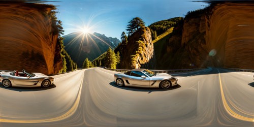 A sleek sports car cruising along winding mountain roads under the radiant sunshine of a flawless, ultra-high-resolution 8K day, showcasing breathtaking vistas with mesmerizing and crystal-clear detail.