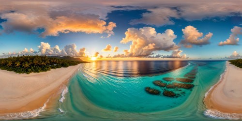 A flawless, ultra high-resolution masterpiece capturing a tropical beach with swaying palm trees, golden sand, crystal-clear turquoise waters, colorful sunset sky, and intricate textures.