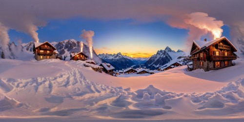 A flawless 8k image showcases a picture-perfect alpine village nestled under towering peaks, elegant chalets adorned with shimmering icicles, wisps of smoke gracefully drifting from chimneys, enveloped in a winter wonderland blanketed in pristine snow, all framed by a clear cobalt sky, perspective from a 6ft tall individual standing on the snow-covered terrain.