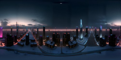 VR360 scene: Ultra-high res precision, masterful frost city. Glacial palaces, frosted skyscrapers. Sparkling ice boulevards, crystalline towers reflecting light. VR360 panorama: serene twilight, luminescent auroras, glimmering stars. Style: Impressionistic, crisp lines, cool color palette.