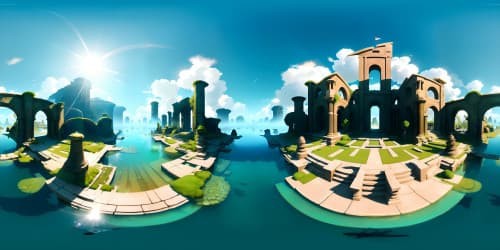 Ultra high-res VR360, digital painting style, submerged city Atlantis. Majestic ruins, towering pillars, luminescent algae on ancient relics, ethereal sea life shadows. Golden sunlight streaming through water, shimmering surface above. Masterpiece quality VR360, vibrant colors, hyperreal detail.