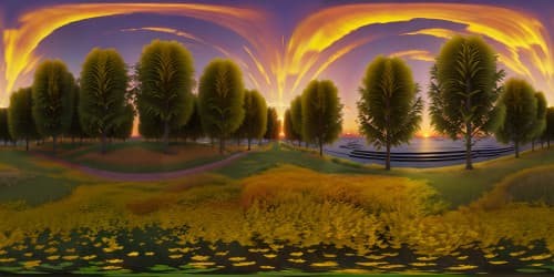 Masterpiece quality, VR360 panorama, ultra-high resolution. Radiant sunset glow, shimmering over tranquil lake waters. Flashes of gold, pink, and tangerine in the expansive sky. Scattered tall reeds skirting the lake, low-lying fog swirling. Resilient willow trees softly reflected, no obstructions, vast VR360 view.