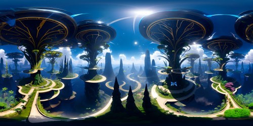 VR360 ultra-high-res viewpoint: futuristic, opulent alien ship hangar. VR360 view, vibrant alien jungle, lush flora, exotic alien trees, multi-hued foliage. Masterpiece quality, ethereal emerald jungle, peculiar, otherworldly fruits, flowers. Style: Futuristic, hyperrealism, immersive science fiction.