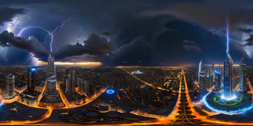 A flawlessly detailed, jaw-dropping metaverse cityscape bathed in volumetric lighting and electrical storms, towering skyscrapers piercing the digital skyline, cascading lines of code intertwine like intricate tapestries while cybernetic sentient spacecraft gracefully traverse the electrifying skies, in an unreal engine-rendered 360 panorama of unparalleled quality and imaginative depth.