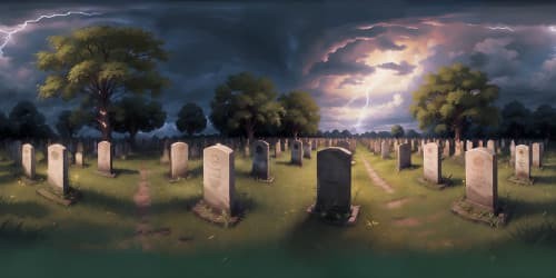 Masterpiece quality, ultra-high resolution, VR360 night scene. Swirling storm clouds, flashing lightning, misty graveyard, overgrown and forgotten, forest shadows. Style: Cinematic realism.