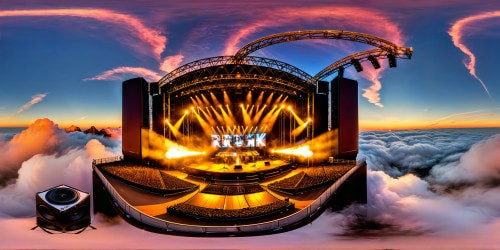 An electrifying concert stage bathed in vibrant lights, towering speakers emitting pulsating soundwaves of rock music, iconic symbols of Rush band adorning every corner, a flawless masterpiece captured in ultra high-res detail.