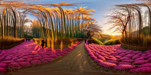 In a flawless bamboo grove, Hu Tao from Genshin Impact radiates among swirling cherry blossom petals under a golden sunset, every detail frozen in a moment of unparalleled beauty, a masterpiece to behold in ultra-high resolution.