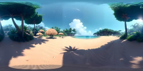 VR360, ultra-high res, masterpiece panorama, tropical beach, aqua waves. Emanating warmth, sunlit sand, scattered seashells. VR360 view, towering palms forming natural canopy, azure sky peeping through. Animated style, bold colors, intense detail.