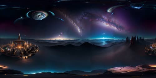 Ultra high-resolution VR360 view, Nombril-centric universe, Three-dimensional masterpiece, Best quality graphical rendering, Boundless celestial expanse, Intricate nebular forms, Star-speckled panorama, Luminescent cosmic rivers, VR360 exploration of extraterrestrial symmetry