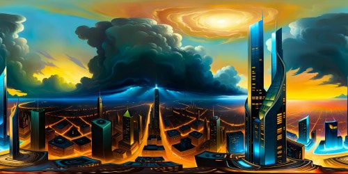 Majestic futuristic cityscape, skyscrapers ignited with neon lights, star-studded night sky, swirling storm clouds. Ultra high res, masterpiece quality, flawless 4K VR360 view. Breathtaking VR360, vibrant colors, digital painting style. Awe-inspiring, ethereal glow, sci-fi atmosphere.