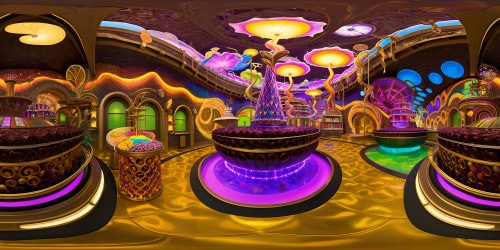 Within the magical Willy Wonka Chocolate Factory, a dazzling display of vibrant, candy-colored machinery, whimsical chocolate rivers flowing in flawless perfection, shimmering golden tickets adorning walls, and larger-than-life sweets filling the impeccably detailed rooms in Ultra-High Definition splendor.