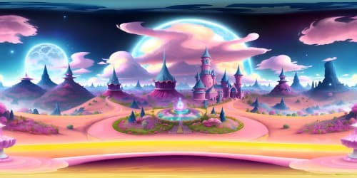 Exquisite Barbie-inspired universe, ultra-high resolution VR360 panorama, vibrant playhouse colors, dreamhouse architecture, abundant sparkle details, fantasy mansion silhouettes. Fluffy pink clouds, cotton candy sky palette, star studded vastness. Focus on soft gradients, intricate shapes in Pixar-style rendering.