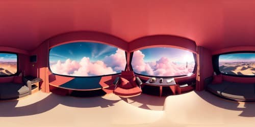 Ultra high-res VR360 view, in-bed perspective, premium craftsmanship, luxurious textile details, expansive sky panorama, dreamlike swirl of pastel clouds, Saturn hanging low, comfort-focused immersive VR360 experience.