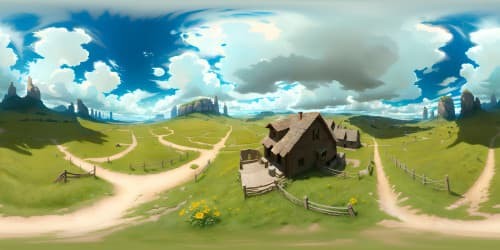 Ultra HD VR360, impressionist-style prairie masterpiece, sprawling, vibrant-hued landscapes. Soft pastoral renderings, faint grazing sheep in distance. Idealized rural tranquility, ultra-high-res artistic panorama, subtle VR360 rural elements. 