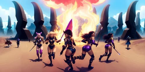 five african american women wearing leotards and purple thigh high boots_they are running into battle_one of them has dredlock_the leader is carrying a large flaming axe_