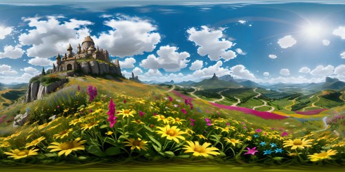 A photo realistic field of wildflowers with mountains in the background