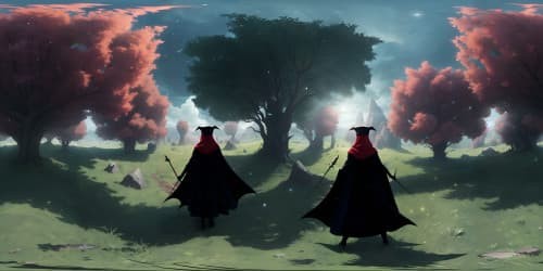 four black sorceresses with magic staffs fighting a red haired witch wearing a hood. the sorceresses are wearing little bikinis with red thigh high boots and capes. one of them has dreadlocks. they have beautiful faces. the landscape is dark and spooky.they are african american females.