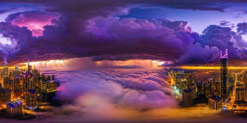 A futuristic cityscape at twilight, neon lights reflecting on rain-slicked streets, towering skyscrapers under a stormy, purple-hued sky, robotic drones silently gliding above, casting elongated shadows on gleaming surfaces.