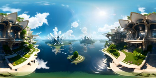 VR360 scene featuring premium, ultra-high resolution details. Masterpiece-level architectural wonders, gravity-defying structures. Crystalline, shimmering water bodies reflecting pixel-perfect celestial bodies. VR360 perspective of lush, hyper-realistic flora. Art Nouveau style influence, a blend of fin de siècle elegance, intricate patterns and flowing lines.