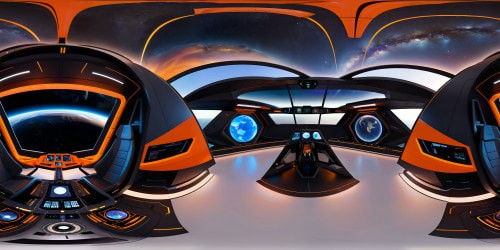 A pristine, cutting-edge spaceship command center in immaculate VR360 perfection, boasting a futuristic design blending sleek black and neon orange hues, symmetrical holographic displays, intricate controls illuminated by ethereal light, offering an 18K panoramic view of the breathtaking cosmos and Earth below.