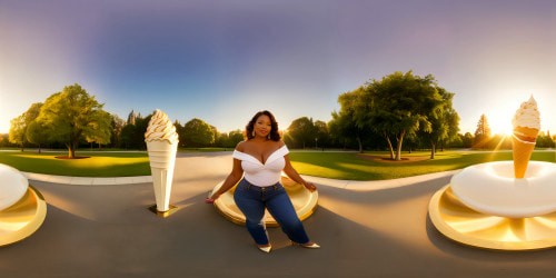 Savoring a decadent ice cream cone in a luminous park, a woman with a voluptuous frame exudes confidence and allure, her curves accentuated by a snug white top and jeans, gleaming under golden sunlight, capturing the essence of indulgence and self-assurance.