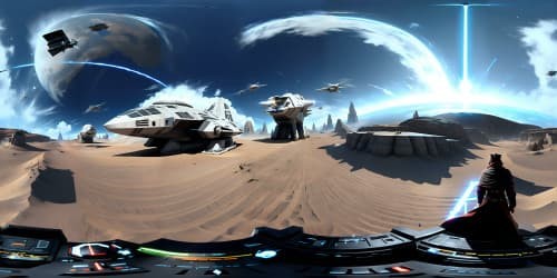 Star Wars-themed VR360 panorama, ultra HD, intense Jedi-Sith conflict, hyperrealistic interpretation. Masterpiece technique, fine detailing, eerily realistic lightsabers, VR360 depth of Star Destroyers in star-speckled backdrop.