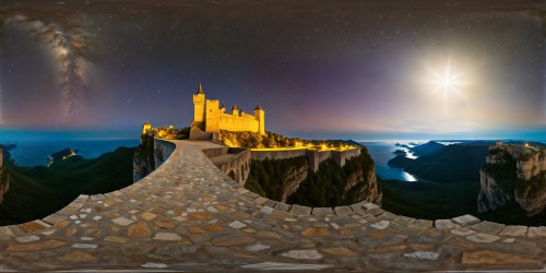 Perched atop a towering cliff, a grand castle gleams under the moon's silver light, casting majestic shadows, showcasing flawless stonework under a star-studded sky, a digital masterpiece beckoning exploration.