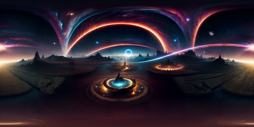 Ultra high-res VR360 scene, masterpiece style. Gigantic cosmic entity, void-black hair flowing across VR360 views. Textured strands shimmering with ethereal light, surreal art influence. Celestial structure embodying surrealism, cosmic horizon backdrop, masterpiece-level detailing.