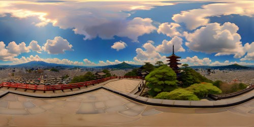 a classic panormic skyline view from the top of Kiyomizu-dera temple, Kyoto. Blue sky, fluffy clouds, with the red Koyasu pegoda on the left.