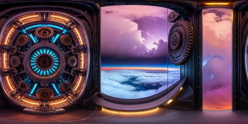 In a futuristic chamber, intricate metallic gears gleam under pulsating neon lights, casting a surreal glow on towering, polished panels, reflecting a digital landscape through a shimmering portal.