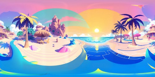 VR360 masterpiece beach scene, ultra-high-resolution view. Texture-rich golden sands, translucent aquamarine waves, majestic palm silhouettes. Cobalt sky, soft cloudscape, pink-streaked sunset. VR360 lively, Pixar-style colorful palette, polished details, compelling composition.