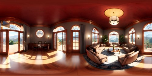 The great room of a large mansion with expensive large windows that look out on a mountain landscape