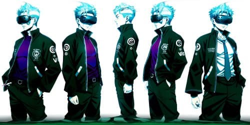 Jujutsu Kaisen. Gojo Satoru in his all black jackets and pants. his hair in silver color and eyes are crystal blue