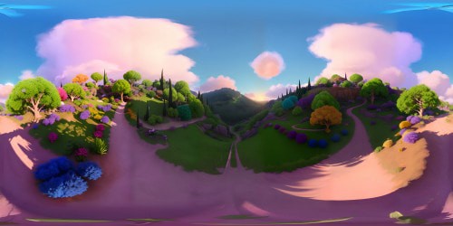 VR360 panoramic masterpiece sunset valley, ultra-high resolution, digital realism style. View: verdant terrain, horizon stretch, twilight hues blend - orange, purple, pink. Sky focus: soft, wispy clouds, gradients. Foreground elements: minimal wildflower placement. Emphasis on texture, light play. Contrast brilliance, semi-abstract touches.