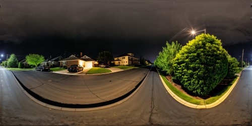 Under a pitch-black night sky in the heart of a suburban neighborhood, the street glows eerily beneath the harsh light of flickering fluorescent lamps, casting stark shadows and reflections, giving the scene a gritty and haunting atmosphere.