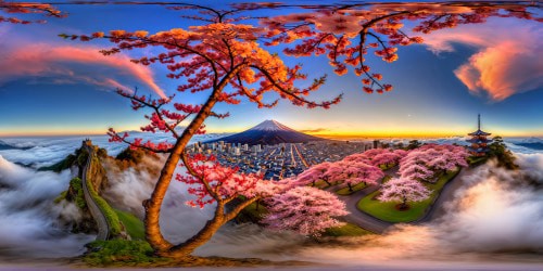 In the heart of Karakura Town, the towering, flawless Seireitei stands sublime under a radiant red sky, intricate cherry blossom trees whispering in the wind, sculpted clouds mirroring the intensity of battle, offering a captivating and detailed tribute to the eccentric charm of the Soul Society.